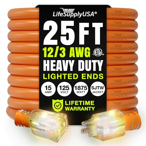 25ft Outdoor/Indoor Extension Cord 12/3 Gauge Extra Heavy Duty 3 Prong SJTW, Waterproof, ETL Listed, Flexible Cold-Resistant Long Power Cord,15A 125V 1875W, Orange by LifeSupplyUSA