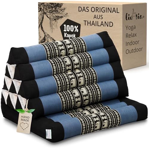 livasia Thaikissen mit 1 Auflage - 75x50x8cm - Dreieckskissen mit Sitzkissen, Keilkissen mit Kapok, Rückenkissen faltbar, Thaimatte zum Klappen, handgefertigt, Meditationskissen (Blau/Elefanten)