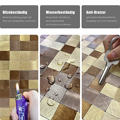 HOMEART Mosaik Fliesen Selbstklebende Fliesenaufkleber für Küche Bad, 30x30cm Quadratische Wandfliesen Metallklebende Fliesen (12 Stück, Gold)