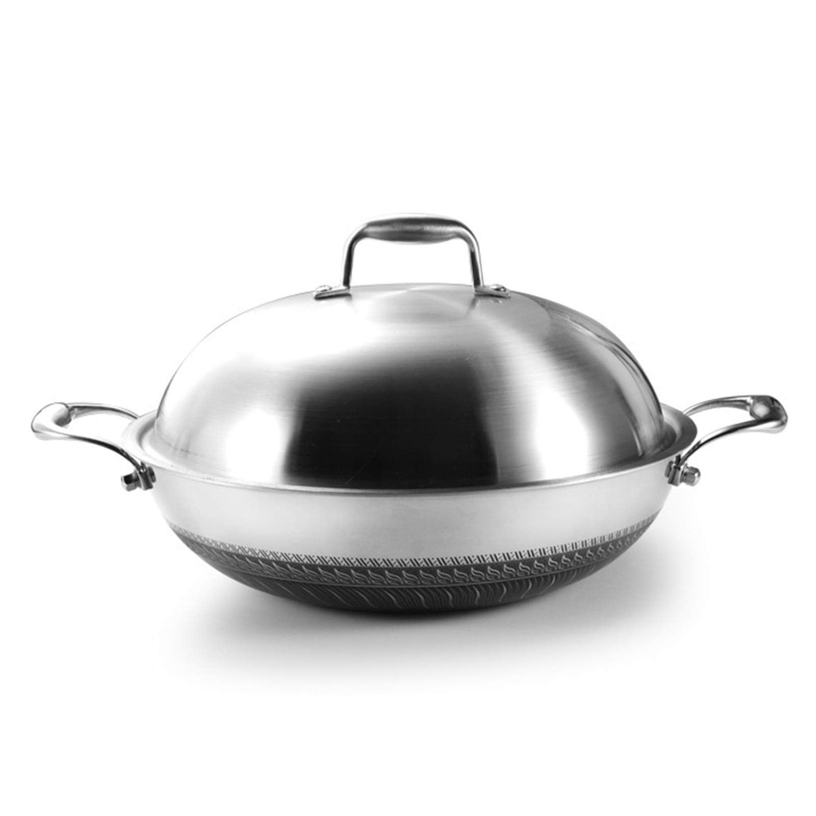 Wok de Acero Inoxidable con Tapa, Wok de inducción Antiadherente, Wok para ollas Calientes, sartenes para saltear con Doble Anillo, Wok pequeño/Grande,34cm