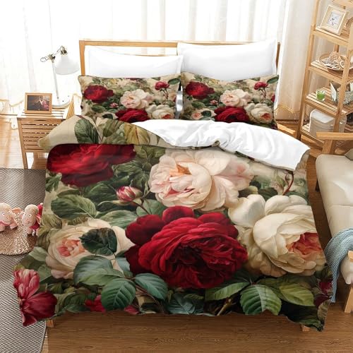 Housse de couette 200x200 roses vintage microfibre lit double 3D - 3