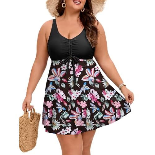 Arolina Plus Size Swimdress for Women High Waisted Tummy Control Tankini Bathing Suits Two Piece Swimsuits with Boyshorts Medium Flower14