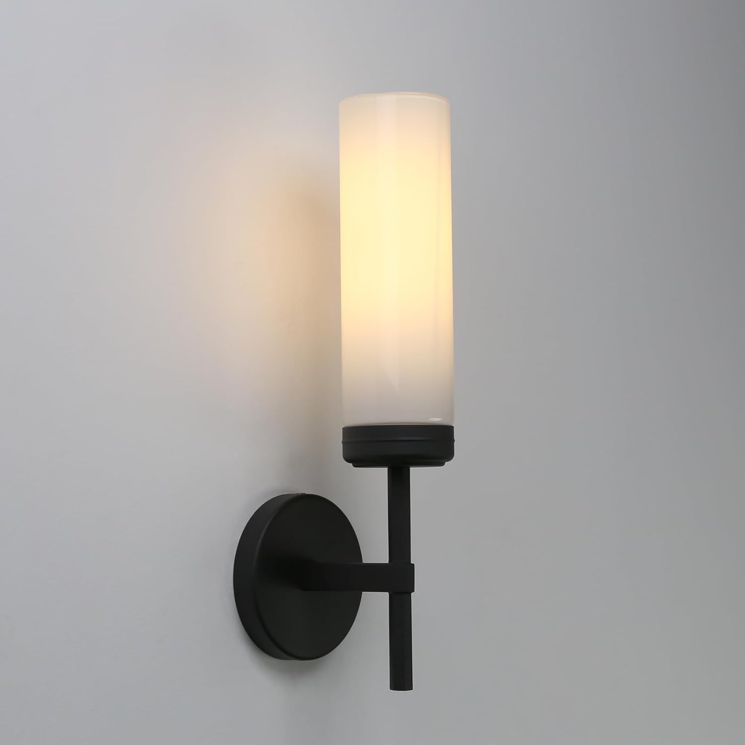 Pathson 1-Light Hardwired Wall Sconce with Milk White Tube Glass, Aluminum Modern Bathroom Sconce for Mirror, Black Wall Vanity Light Fixtures Decor for Living Room Bedroom