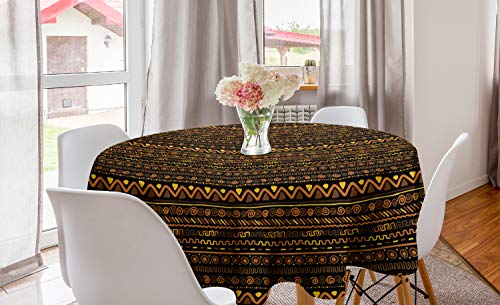 Ambesonne African Round Tablecloth, Chevron Zigzag Circles and Spirals Timeless Vintage Art Design Oriental Doodle, Circle Table Cloth Cover for Dining Room Kitchen Decoration, 60