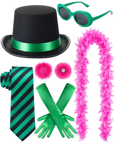 Floraltop 6 Pcs Green Adult Top Hat Costume Accessories for Adult Tie Sunglasses Gloves Brooch Feather Boa for Cosplay Role Play