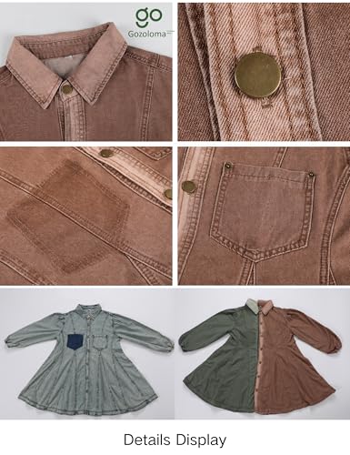 Gozoloma Women's Denim Dress Long Balloon Sleeves Button Down A Line Swing Ruffle Jean Mini Babydoll Dress with Chest Pocket3