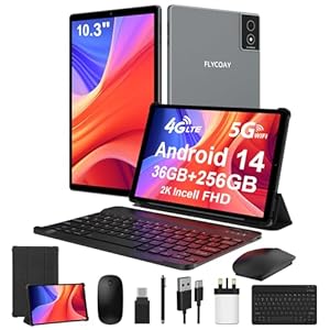 FLYCOAY 2K FHD Tablet 10,3 Inch Android 14,Octa-Core 2.0 GHz, 4G LTE+5G WiFi, 36GB RAM+256GB ROM (2TB TF), 8000mAh,13MP+8MP, GPS/BT5.0, Tablet with Keyboard, Mouse, Metal Body (Gray)