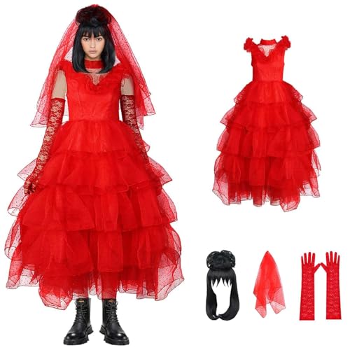 Joyincoser Lydia Deetz Kostüm für Damen, Gothic-Brautkleider, Erwachsene, Rot, Übergröße, Hochzeitskleid, Brautschleier, Perücke, Handschuhe für Halloween, Geburtstag, Party, Cosplay, Größe L, 4 Stück
