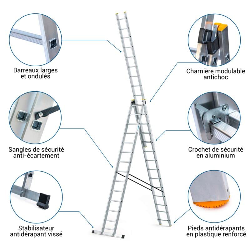 HOSTRÖM Echelle Transformable 3 Plans StablePro 3x14 marches Aluminium Extensible coulissante, 6 Positions, Hauteur Travail Max 9,62m, Garantie 5 Ans