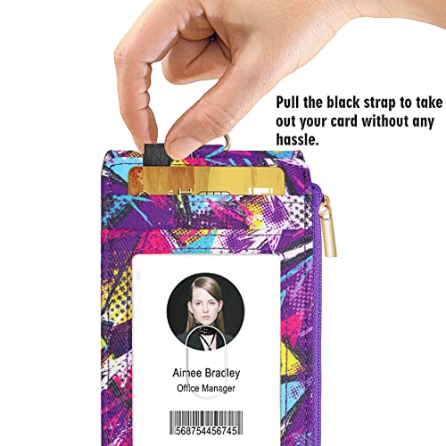 Elv Badge Holder With Zipper, Id Badge Card Holder Wallet With 5 Card Slots, 1 Side Rfid Blocking Pocket And Neck Lanyard Strap For Offices Id, School Id, Driver Licence (Graffiti Purple) #TOP3