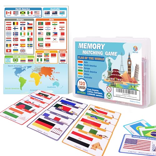 60 Pairs Flag Memory Matching Game Cards with Overview Chart