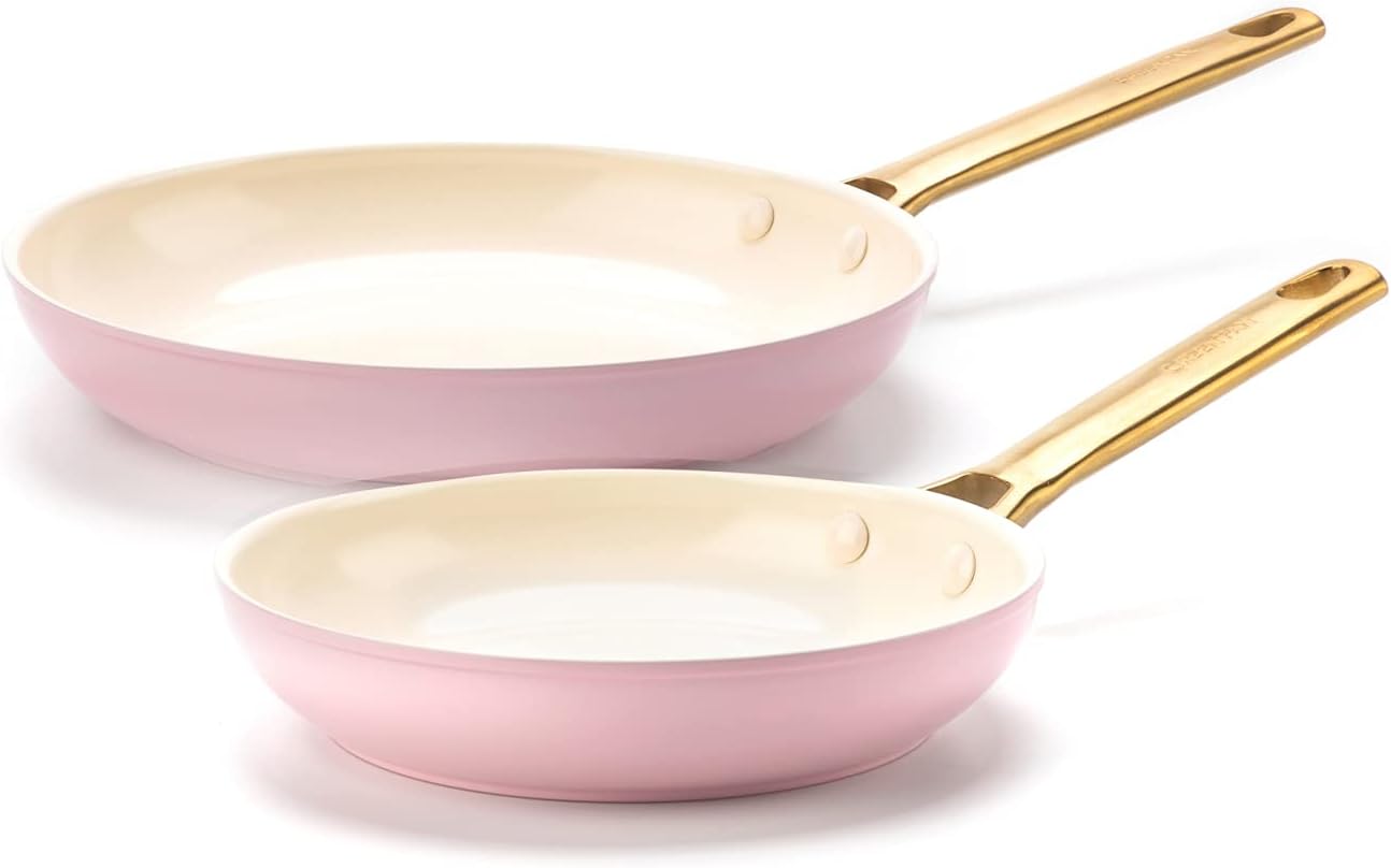 GreenPan Reserve Hard Anodized Healthy Ceramic Nonstick 8" and 10" Frying Pan Skillet Set, Gold Handle, PFAS-Free, Dishwasher Safe, Oven Safe, Blush Pink Thumbnail