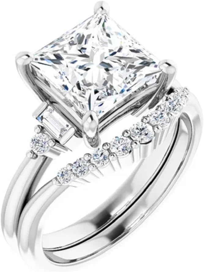 3.5 CT Princess Cut Solitaire Moissanite Engagement Ring Set, Moissanite Diamond Bridal Wedding Ring Set for Women, VVS1 Colorless, 10K 14K 18K Solid Gold, 925 Silver, Ring Women