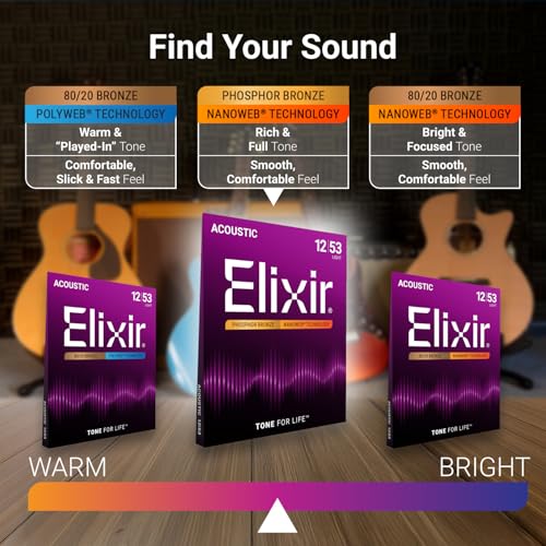 elixir strings acoustic guitar strings phosphor bronze with nanoweb coating longest-lasting rich and full tone with comfortable feel 6 string set light 12-53