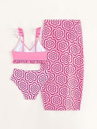 Image of WDIRARA Girl's 3 Piece Swimsuits Boho Floral Print Ruffle Trim Bikini Set with Split Beach Skirt