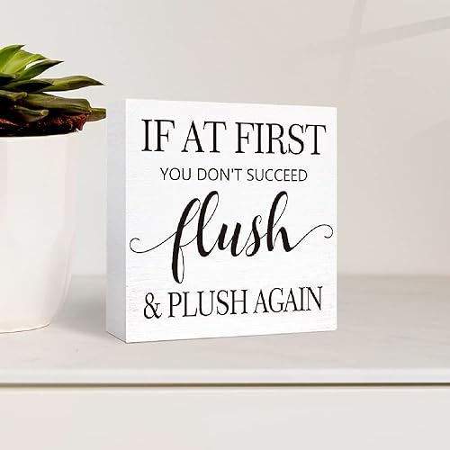 Miniatura 3 de Divertido letrero de madera para baño, con texto en inglés "If At First You Don't Succeed Flush and Plush Again", letrero de bloque de madera para