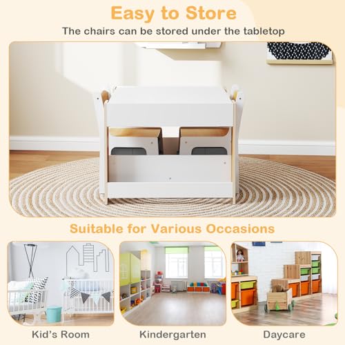 Image of GLACER Kids Table and Chairs, 4 in 1 Wooden Activity Table with Bookshelves, Reversible Tabletop, Chalkboard for Crafts, Drawing, Toddler Table and Chair Set, Easy to Clean (White + Natural)
