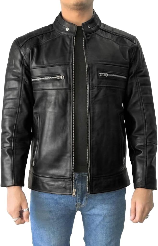 Mens Black Leather Jacket - Genuine Lambskin Cafe Racer Motorcycle Style Distressed Leather Jacket For Men