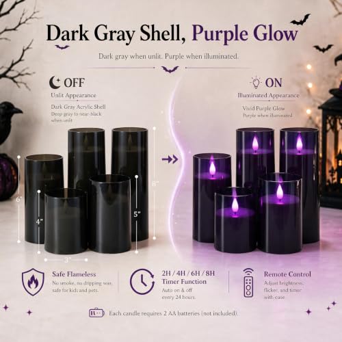 Image of Homemory Dark Gray Flameless Candles, Purple Glow, Remote Timer, Set of 5