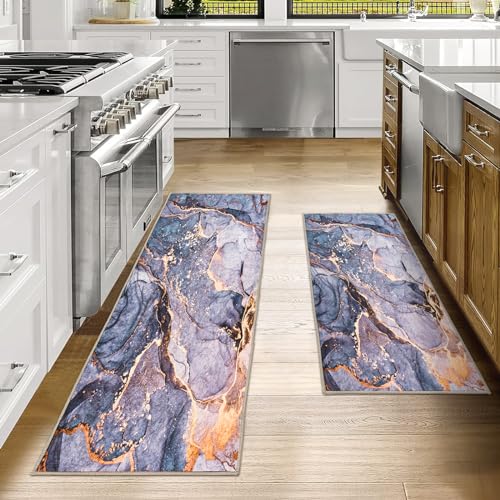 Kitchen Rugs 2 Piece Set Marble Kitchen Mat Non Slip Kitchen Floor Mat Carpets 17"x 32"/17"x 47" Absorbent Kitchen Rugs and Mats Washable Kitchen Runner Area Rug for Sink Hallway Bathroom Laundry