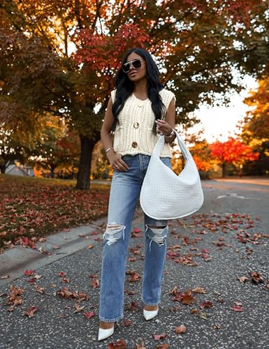 Image of Women's Sleeveless Chunky Knit Top Casual Cropped Button Down Sweater Vest Open Front Cardigan with Pockets