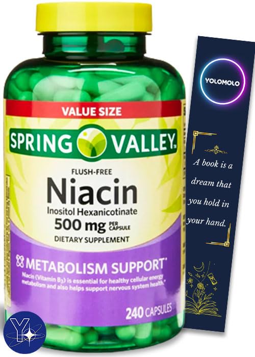 Niacin Metabolism Support Dietary Supplement Spring Valley Capsules, 500 mg, 240 Count and Bookmark Gift of YOLOMOLO