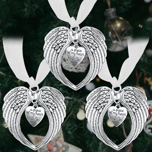 3 Pieces Christmas Angel Wings Memorial Ornaments “A Piece of My Heart is In Heaven” Angel Wing Pendants Christmas Tree Ornaments Xmas Party Decorations