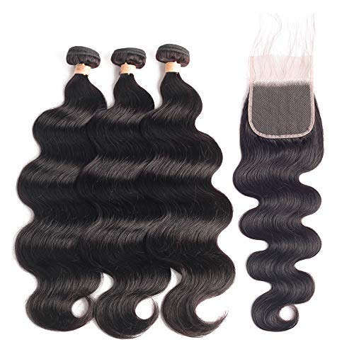 Beaudiva Hair 8A Brazilian Virgin Hair 3 Bundles with Closure Brazilian Hair Weave 100% Unprocessed Brazilian Human Hair With Free Part Lace Closure… (18 18 18+16inch, Bundles with Closure)