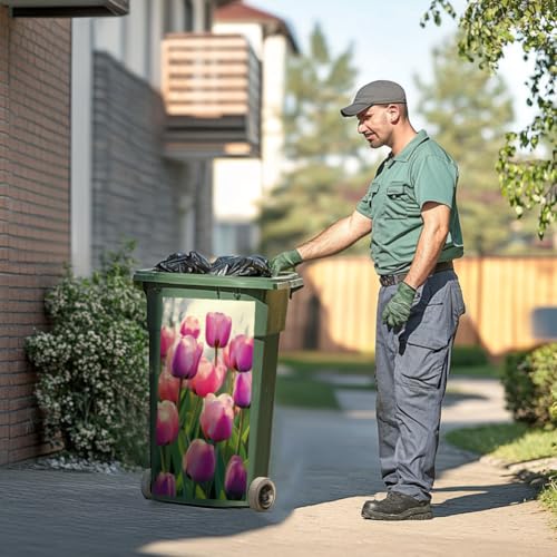 Image of Peacoblue Wheelie Bin Stickers 2 Sheets Tulips Sticky Dustbin Stickers Decals, 15 inch x 32 inch Waterproof Large Wraps for Trash Cans Bins Fridges Door Wall Garden Outdoor Indoor Patio Decor