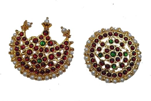 Pmw - Maang Tikka Sun and Moon Chanran Sooriyan Red Stones Kemp stones Hair Accessory Set (Red) - Kemp Big Sun &amp; Moon(bhar...