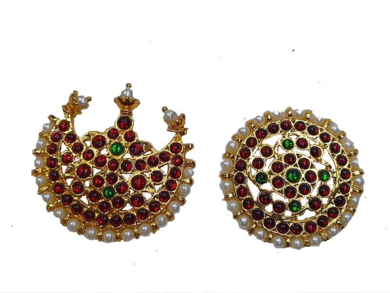 Maang Tikka Sun and Moon Chanran Sooriyan Red Stones Kemp stones Hair Accessory Set (Red) - Kemp Big Sun & Moon(bharatanatyam Jewellery)