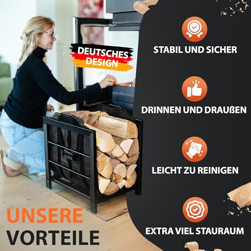 Eklavia Kaminholzregal mit Canvas-Tasche 50×40×55 cm – pulverbeschichtetes Brennholzregal/Holzlager – saubere und ordentliche Holzaufbewahrung – für innen & außen
