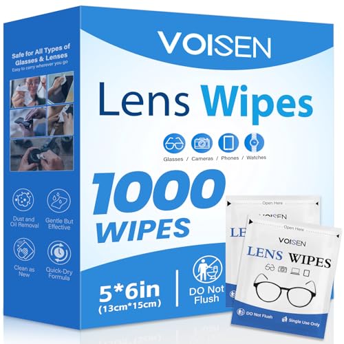 Image of VOISEN Lens Wipes for Eyeglasses,1000 Pack Eye Glasses Cleaner Wipes | Pre-Moistened Individually Wrapped Lens Wipes,Non-Scratching Non-Streaking,Safe for Eyeglasses, Goggles, Camera Lens, Phone