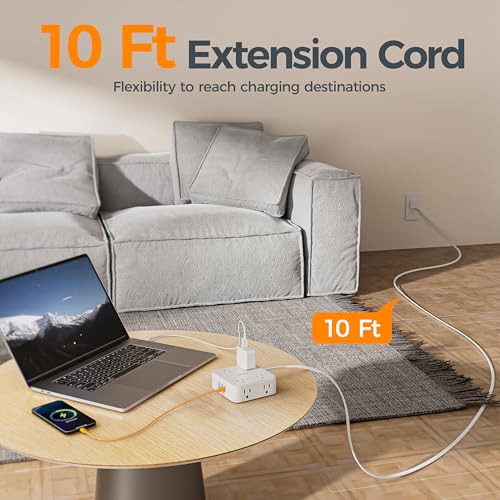 Image of TESSAN Surge Protector Power Strip, 10 Ft Flat Plug Extension Cord with 3 USB (1 USB C) 8 Outlets, 1250W, 900J Protection, 3 Sided Outlet Extender with Power Switch for Office, Dorm Room, White
