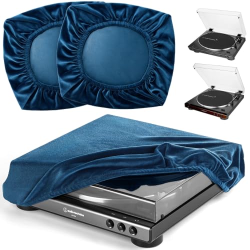 2PCS Turntable Dust Cover – Blue Stretch Velvet Record Player Protector for Audio-Technica...