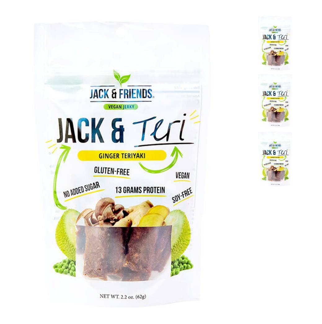 Jack & Friends Jackfruit Jerky - Ginger Teriyaki - 13g Protein - 8g Fiber - 100% Plant Based Jerky - Gluten Free - Soy Free - Vegan - Low Sugar - All Natural Ingredients - 2.2 Oz (Pack of 1)