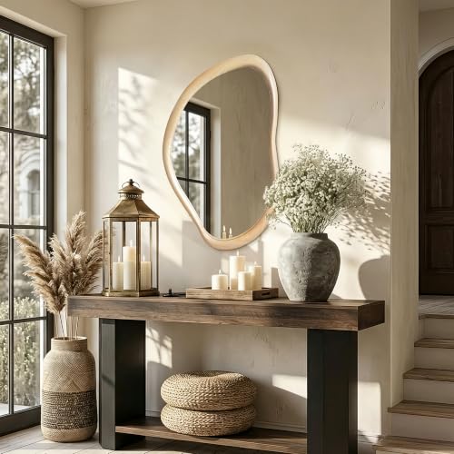 TheiaMo Irregular Wall Mirror with Wood Frame, 35' x 24' Natural Wood Asymmetrical Mirror...