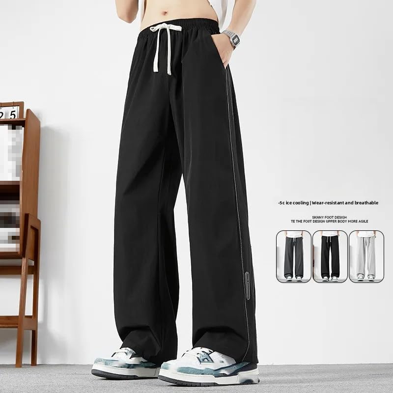 Summer Men's ice Silk Straight Pants Loose Elastic Sports Wide-Leg Thin Casual Pants2