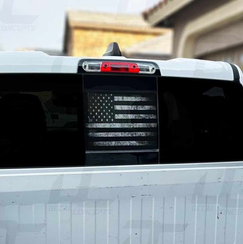 Decal Concepts Distressed American Flag Rear Window See Through Accent Decal - (Fits Dodge Ram 2019-2024) (Black-White Distressed)