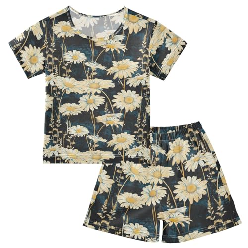 ALAZA Vintage Daisies Flowers Pajama Set Short Sleeve Sleepwear Soft Lounge Nightwear
