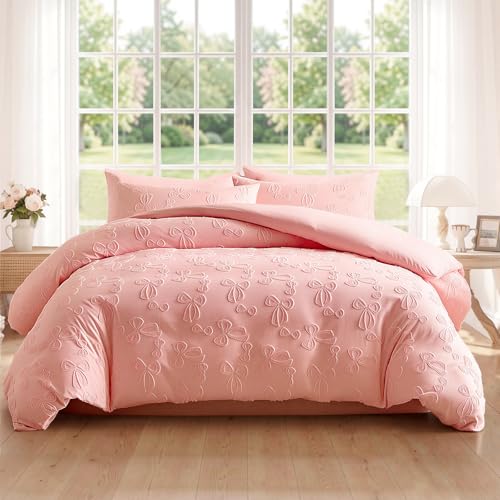 Image of 7 Pieces Bow Comforter Set for Girls Kids Pink Tufted Boho Bedding Set Twin Size Farmhouse Bed in A Bag as Gifts (1 Comforter, 1 Flat Sheet, 1 Fitted Sheet, 2 Pillowcase and 2 Pillow Sham)