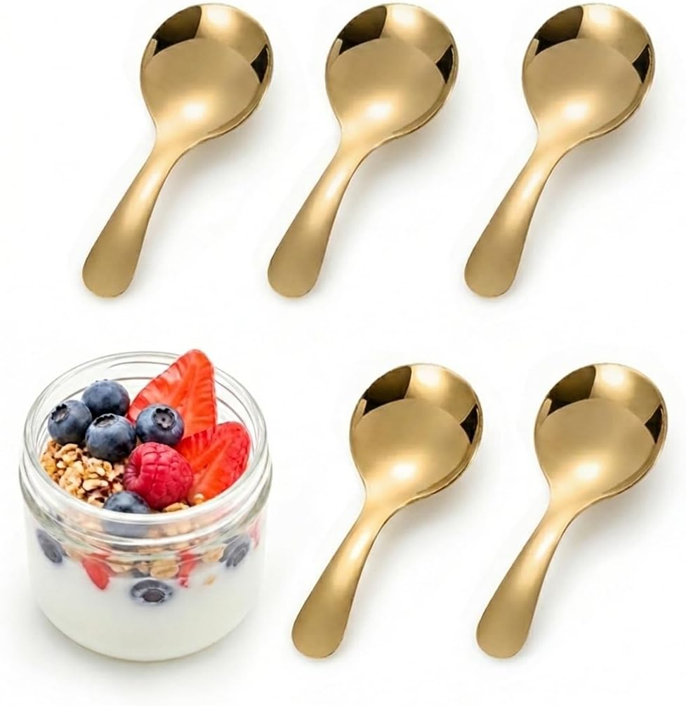 5 Pack Mini Scoop Spoons for Ice Cream - Stainless Steel Short Handle Tea Spoons for Cookie Candy Buffet Condiments Dessert (Gold x 5)
