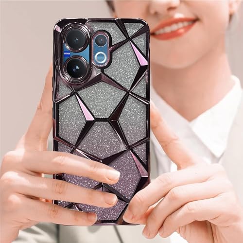 Image of VONZEE Gradient Glitter Case for VIVO V60, Luxury Electroplated 3D Cube, Diamond Bling Shiny Soft TPU Clear Shockproof Women Girls Protective Phone Cover (Rose Gold)