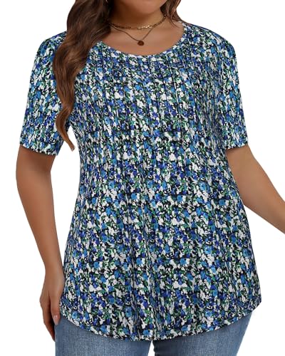 Image of Plus Size Tops for Women Pleated Summer Top Trendy Short Sleeve Shirts Casual Basic Tee Crew Neck Blouses 2026