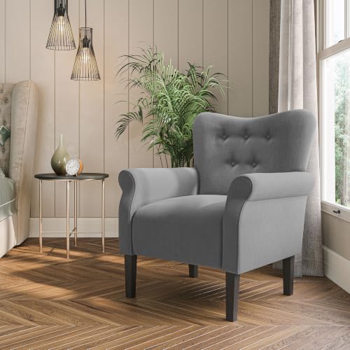 Image of BELLEZE Modern Accent Chair, High Back Armchair, Upholstered Wingback Side Chair, Padded Single Sofa with Wooden Legs for Living Room, Bedroom - Gray