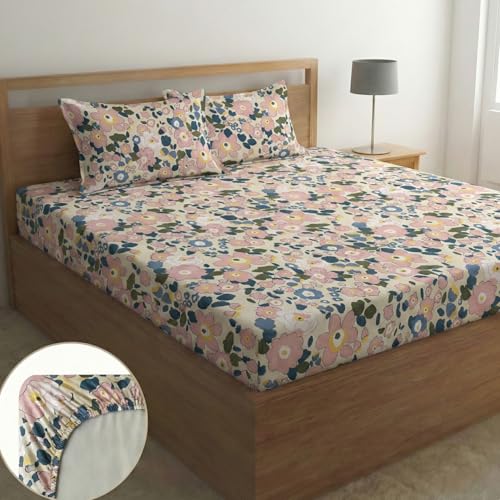 Image of Fashion String Microfibre Vintage Spring Blossoms Corner Elastic Fitted Double Bedsheet (72x78 Inches) with 2 Pillow Covers