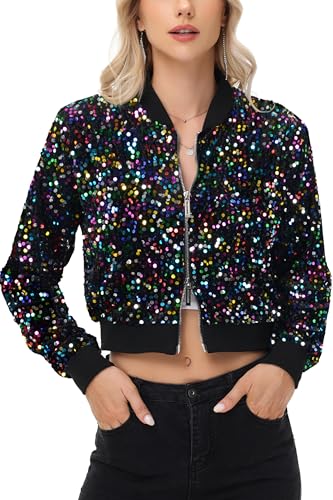 Anna-Kaci Women's Sparkly Sequin Jacket Cropped Two-Way-Zipper Glitter Party Club Bomber Jacket
