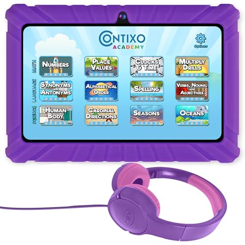 Image of Contixo Kids Tablet Bundle, 7 inch Learning Tablet with Headphones, Purple | 7 inch IPS display, 32GB storage, parental controls, wired headphones, durable case, learning apps, ages 3-12.