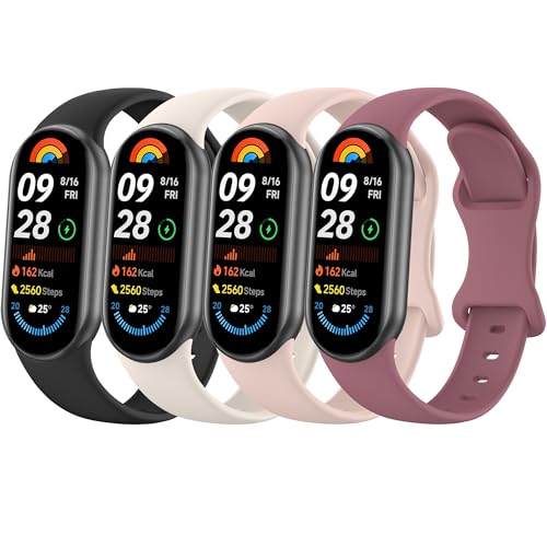 Wanme 4Pack Correas para Xiaomi Mi Band 10 / Xiaomi Mi Band 9 / Correa Xiaomi Mi Smart Band 8 Mujer Hombre, Silicona Suave Deportiva Pulseras de Repuesto (Negro/Starlight/Rosa/Púrpura Ahumado)