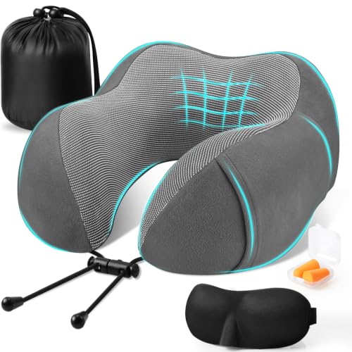 Image of CloudBliss Memory Foam Travel Pillow for Airplane, Neck Pillow for Traveling, Airplane Pillow for Long Flight Travel, Compact Neck Pillow with Eye Mask, Earplugs, Carry Bag, Trip Essentials, Dark Grey